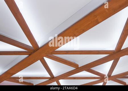 Wooden Planks Element Object Detail Part Interior Ceiling in White Light Decoration. Stock Photo