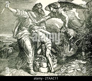The 1895 caption reads: 'Abraham and Isaac.' In the biblical narrative, God orders Abraham to sacrifice his son Isaac at Moriah. As Abraham begins to comply, having bound Isaac to an altar, he is stopped by the Angel of the Lord; a ram appears and is slaughtered in Isaac's stead, as God commends Abraham's pious obedience. Stock Photo