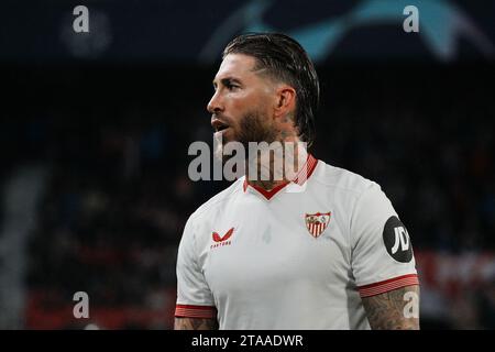 Seville, Spain. 29th Nov, 2023. Sevilla's Sergio Ramos reacts during the UEFA Champions League Group B match between Sevilla FC and PSV Eindhoven in Seville, Spain, on Nov. 29, 2023. Credit: Zhang Yuheng/Xinhua/Alamy Live News Stock Photo