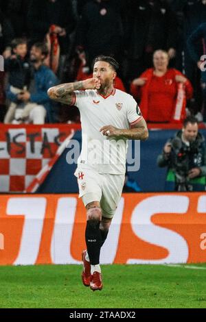 Seville, Spain. 29th Nov, 2023. Sevilla's Sergio Ramos celebrates a goal during the UEFA Champions League Group B match between Sevilla FC and PSV Eindhoven in Seville, Spain, on Nov. 29, 2023. Credit: Zhang Yuheng/Xinhua/Alamy Live News Stock Photo