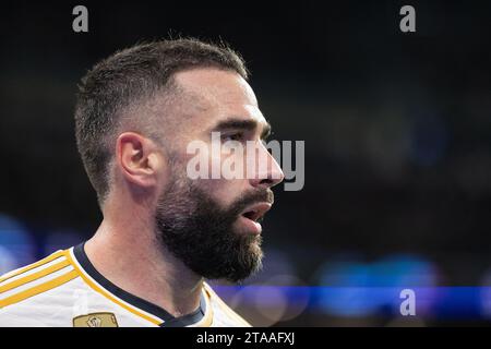 Madrid, Spain. 29th Nov, 2023. Real Madrid's Dani Carvajal reacts during the UEFA Champions League Group C match between Real Madrid and SSC Napoli at the Santiago Bernabeu Stadium in Madrid, Spain, on Nov. 29, 2023. Credit: Meng Dingbo/Xinhua/Alamy Live News Stock Photo