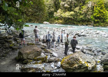 Road trip around the South Island of New Zealand. pictured at  An extremely tall and easy accessible 96-metre waterfall, Thunder Creek Falls is locate Stock Photo