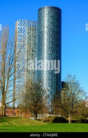 The Blade and the Three60 apartment blocks from Hulme Park, Manchester, England, UK Stock Photo