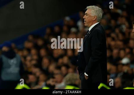 Madrid, Naples, Spain. 29th Nov, 2023. Carlo Ancelotti coach of Real Madrid during the UEFA Champions League Group C football match between Real Madrid and SSC Napoli at Estadio Santiago Bernabeu in Madrid, Spain. 29 November 2023 (Credit Image: © Ciro De Luca/ZUMA Press Wire) EDITORIAL USAGE ONLY! Not for Commercial USAGE! Stock Photo