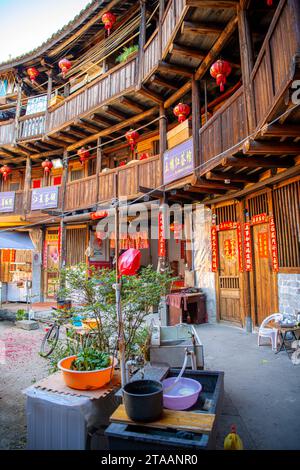 FUJIAN,CHINA 12 February 2021 - Inside the Tulou, unique traditional rural dwelling of Hakka, located in Tianluokeng tulou scenic view, Zhangzhou Stock Photo