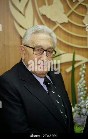 HENRY KISSINGER (born Heinz Alfred Kissinger; May 27, 1923 - November 29, 2023) was an American diplomat, political scientist, geopolitical consultant, and politician who served as United States secretary of state and national security advisor under the presidential administrations of Richard Nixon and Gerald Ford. For his actions negotiating a ceasefire in Vietnam, Kissinger received the 1973 Nobel Peace Prize under controversial circumstances. FILE PHOTO SHOT ON: May 5, 2008, New York, New York, USA: Former Secretary of State, Dr. HENRY KISSINGER visits the United Nations. (Credit Image: Lui Stock Photo