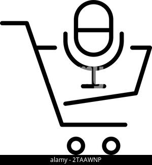 Microphone in shopping cart. Voice activated shopping. Personal AI assistant. Pixel perfect, editable stroke Stock Vector