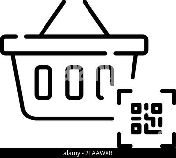 Shopping basket and qr code. Contactless store checkout. Pixel perfect, editable stroke Stock Vector