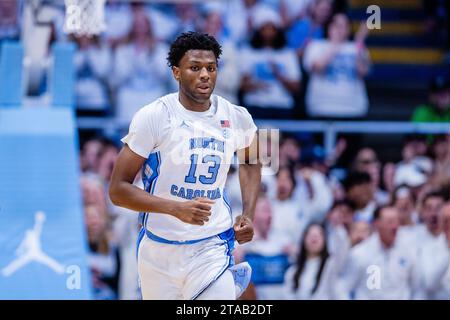 Chapel Hill, NC, USA. 29th Nov, 2023. North Carolina Tar Heels forward Jalen Washington (13) runs up court against the Tennessee Volunteers in the NCAA basketball matchup at Dean Smith Center in Chapel Hill, NC. (Scott Kinser/CSM). Credit: csm/Alamy Live News Stock Photo