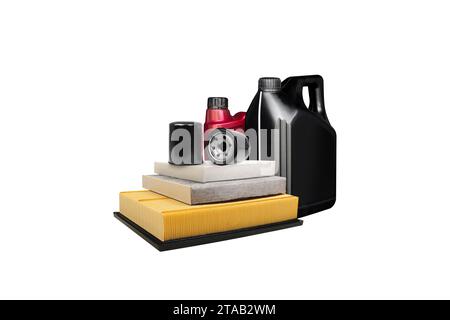 Car engine oil with oil filter and air filter isolated on white background include clipping path , Car maintenance product concept Stock Photo