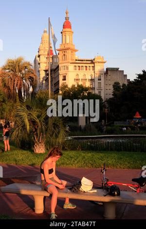 Plaza Mariano Moreno with Edificio De La Inmobiliaria building and Palacio Salvo on Avenida de Mayo in the background.Buenos Aires.Argentina Stock Photo