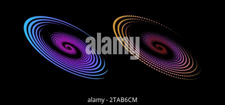 Halftone speed spiral set. Colorful dynamic dotted lines in perspective. Radial swirl element for logo, print, poster, template, icon, banner, presentation. Round technology illustration. Vector Stock Vector
