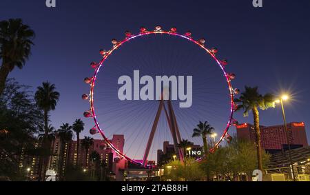 The High Roller Observation Wheel in Las Vegas shown at dusk. Stock Photo