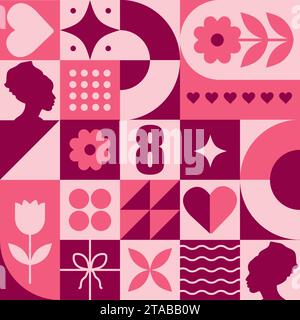 8 march modern neo geometric poster. International womens day. Abstract background with simple icons in bauhaus minimalist style. Vector illustration Stock Vector