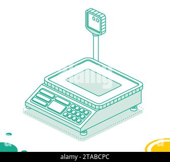 Bench scales. Isometric outline object isolated on white. Vector illustration. Market digital scales. Stock Vector