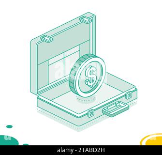 Business briefcase with dollar coin. Isometric outline concept. Vector illustration. 3d object. Stock Vector