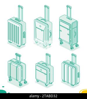 Collection of different suitcases on wheels isolated on white background. Isometric outline icons. Vector illustration. Luggage. Travel symbols. Stock Vector