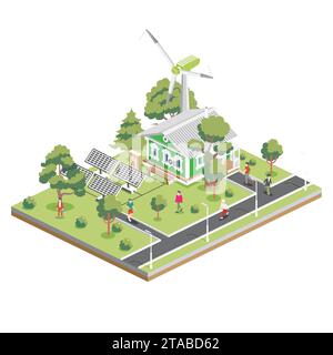 Isometric Old House with Solar Panels and Wind Turbine in Suburb. Eco Friendly House. Infographic Element. Vector Illustration. City Architecture. Stock Vector