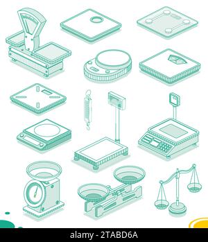 Electronic and mechanical scales for weight measuring. Market or kitchen digital measuring instrument. Vector illustration. Set of objects. Stock Vector