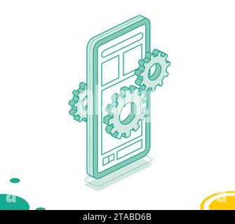 Isometric concept with smartphone and gearwheel. Application settings. Setup icon. Vector illustration. Outline 3d objects isolated. Stock Vector