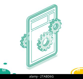 Isometric concept with tablet pc and gearwheel. Application settings. Setup icon. Vector illustration. Outline 3d objects isolated on white background Stock Vector