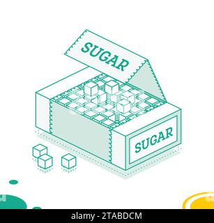 Isometric sugar cubes in box. Outline icon isolated on white background. Vector illustration. Stock Vector