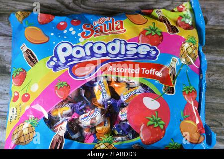 Cairo, Egypt, November 21 2023: Saula candy makers, paradise assorted toffee, sweet candies for children, a pack of toffees, selective focus Stock Photo