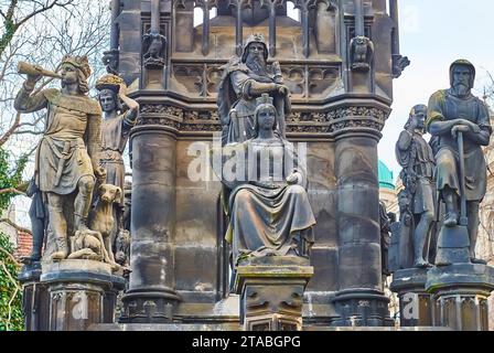 Ornate Neo-Gothic sculptures on Kranner's Fountain, located in Park of National Awakening, Prague, Czechia Stock Photo