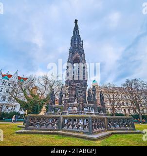 Ornate Neo-Gothic sculptured Kranner's Fountain in Park of National Awakening on Smetana Embankment, Prague, Czechia Stock Photo