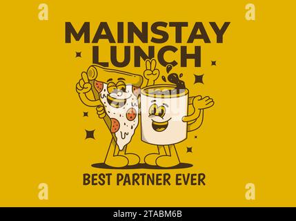 Mainstay lunch, best partner ever. Mascot character illustration of a coffee mug and a slice pizza Stock Vector