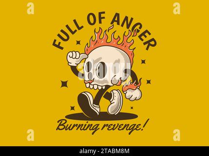 Full of anger, burning revenge. Vintage mascot character illustration of burning skull Stock Vector