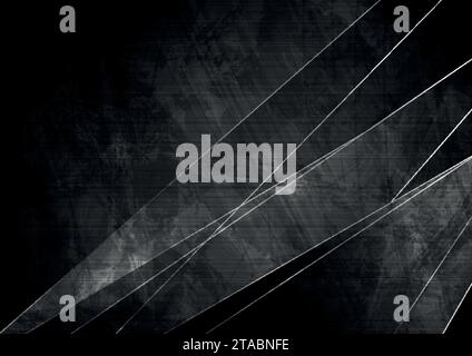 Black grunge geometric background with grey silver lines. Vector retro technology design Stock Vector