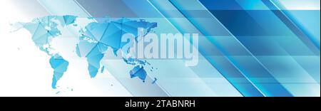 Bright blue geometric tech background low poly world map. Vector banner design Stock Vector