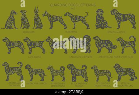 Dog breeds silhouettes with lettering, simple style clipart. Guardian dogs and service dog collection.  Vector illustration Stock Vector