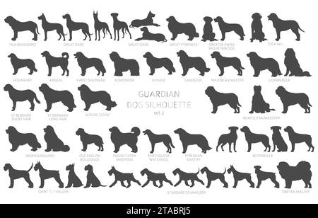 Dog breeds silhouettes, simple style clipart. Guardian dogs and service dog collection.  Vector illustration Stock Vector