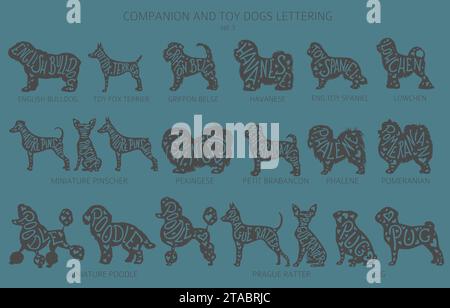 Dog breeds silhouettes with lettering, simple style clipart. Companion dogs and toy dogs collection.  Vector illustration Stock Vector