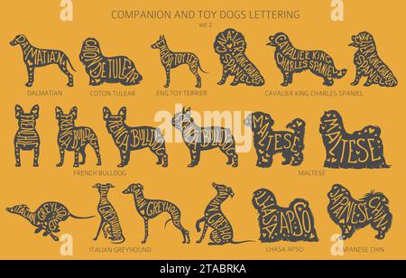 Dog breeds silhouettes with lettering, simple style clipart. Companion dogs and toy dogs collection.  Vector illustration Stock Vector
