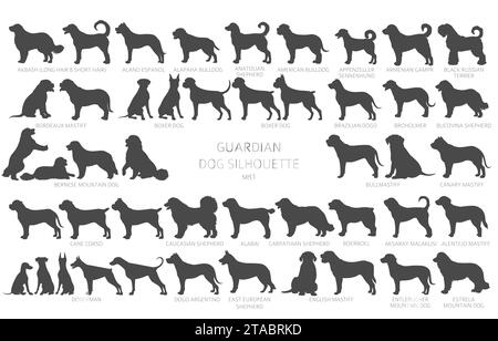 Dog breeds silhouettes, simple style clipart. Guardian dogs and service dog collection.  Vector illustration Stock Vector