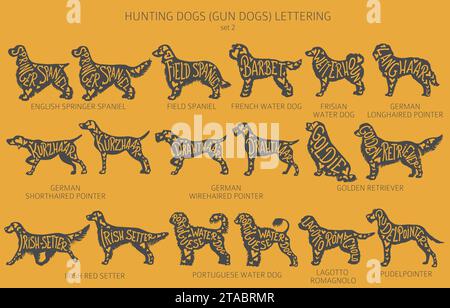 Dog breeds silhouettes with lettering, simple style clipart. Hunting dogs and Gun dog collection.  Vector illustration Stock Vector