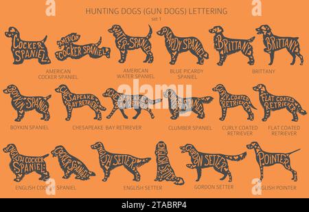 Dog breeds silhouettes with lettering, simple style clipart. Hunting dogs and Gun dog collection.  Vector illustration Stock Vector