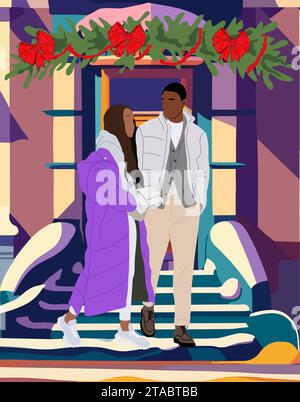 Young african american couple near christmas door. Stock Vector