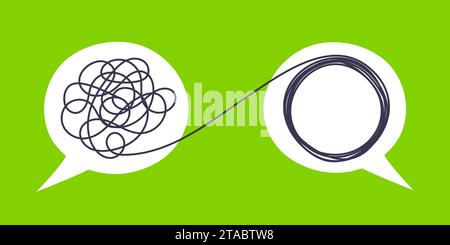 Psychologist consulting or mental problem solving brainstorm concept. Two speech bubbles conversation icons with line scribbles. Coach, mentoring psyc Stock Vector