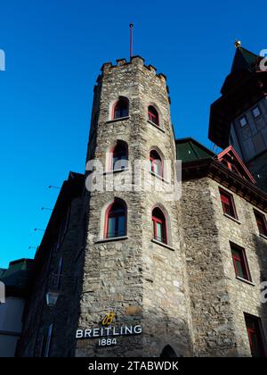 St. Moritz, Grisons  Switzerland - October 22, 2022: Breitling, watch store in St. Moritz located at classic building of Badrutt's Palace Hotel. Stock Photo