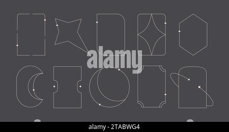 Modern white aesthetic line frames set with sparcle, stars. Y2k trendy geometric vector arch shapes on dark. Stock Vector