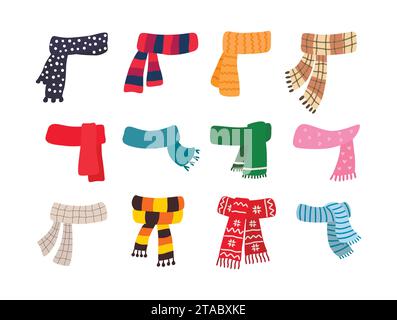 Set of scarves for boys and girls in cold weather. Stylish scarves on white background. Clothes for winter and autumn. Blue, red, green, yellow, brown Stock Vector
