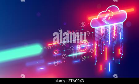Cloud computing digital technology abstraction concept. mobile internet. IOT devices communicate cloud storage. Computer Tech background. Connection w Stock Vector