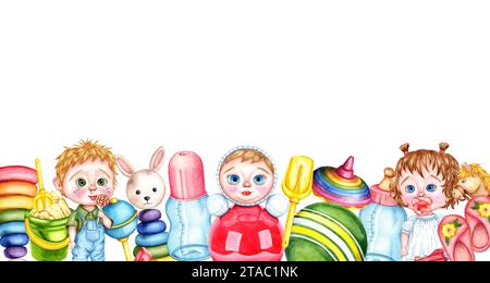 Watercolor illustration of children's toys frame below. Isolated. Patterns for fabric textile baby clothes, wallpaper, wrapping paper, packaging, desi Stock Photo