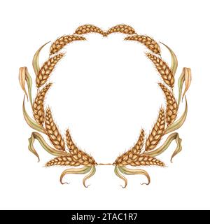 Watercolor illustration of a wreath made of ripe ears of wheat and dried leaves. Round frame of cobs isolated on white background. For menus, banners, Stock Photo