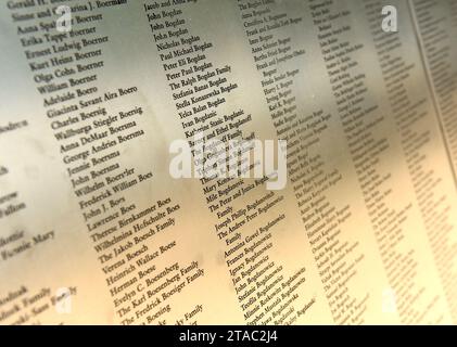 New York, USA - June 09, 2018: Name list on American Immigrant Wall of Honor is located at the Ellis Island National Museum. Stock Photo