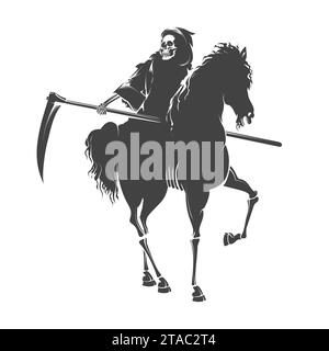 Grim Reaper with Scythe Rides Dead Horse Engraving Tattoo isolated on white background. Hand drawn vector illustration. Stock Vector